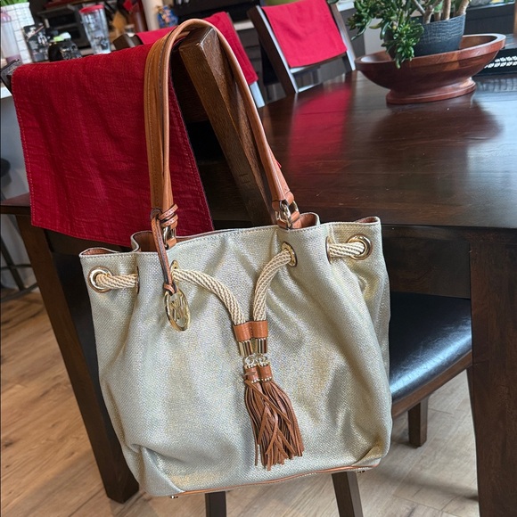 Elegant Gold and Tan Tote Bag MK Michael Kors signature purse handbag golden - Picture 1 of 6